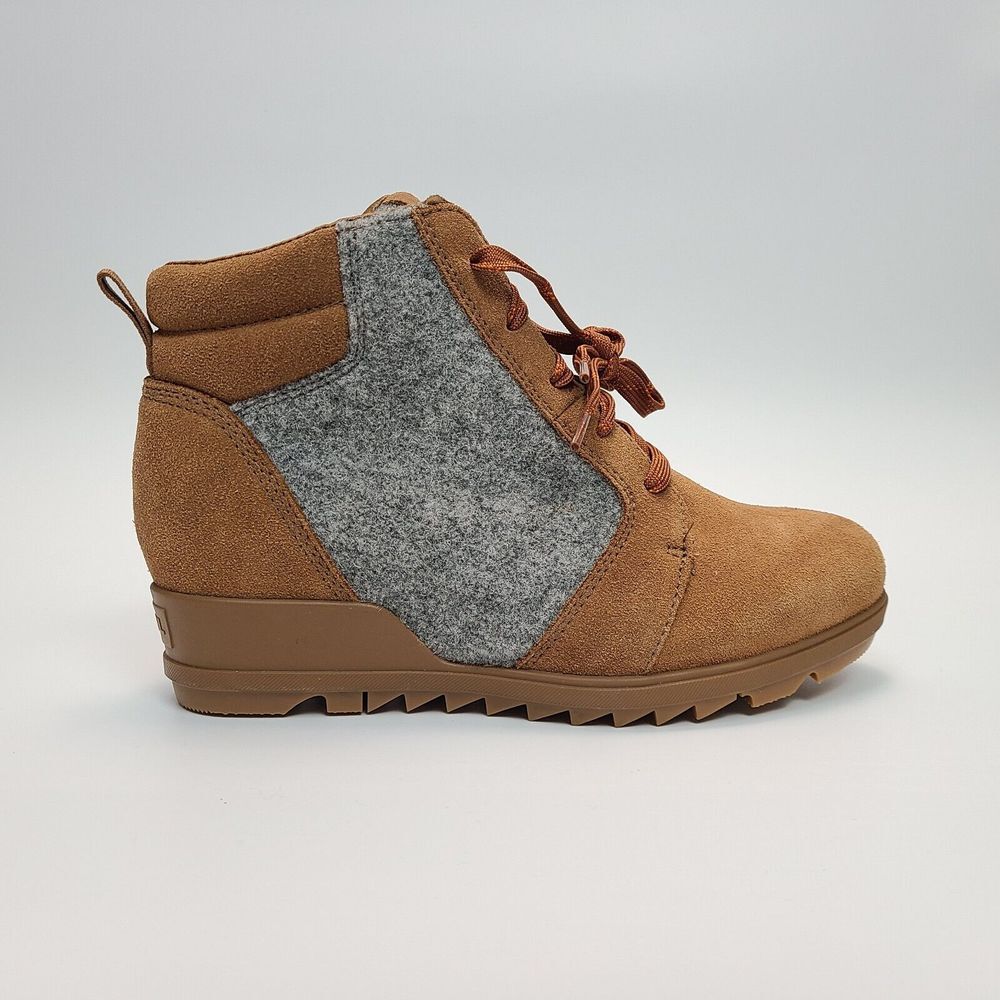 New SOREL Evie Ankle Lace-up Wedge‎ Platform Booties Sz 8.5 Tan Brown Gray Suede